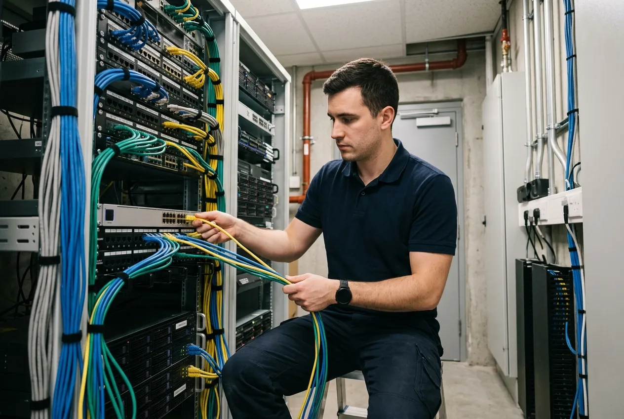 IT technician organizing network cables during a small business network upgrade in Orange County