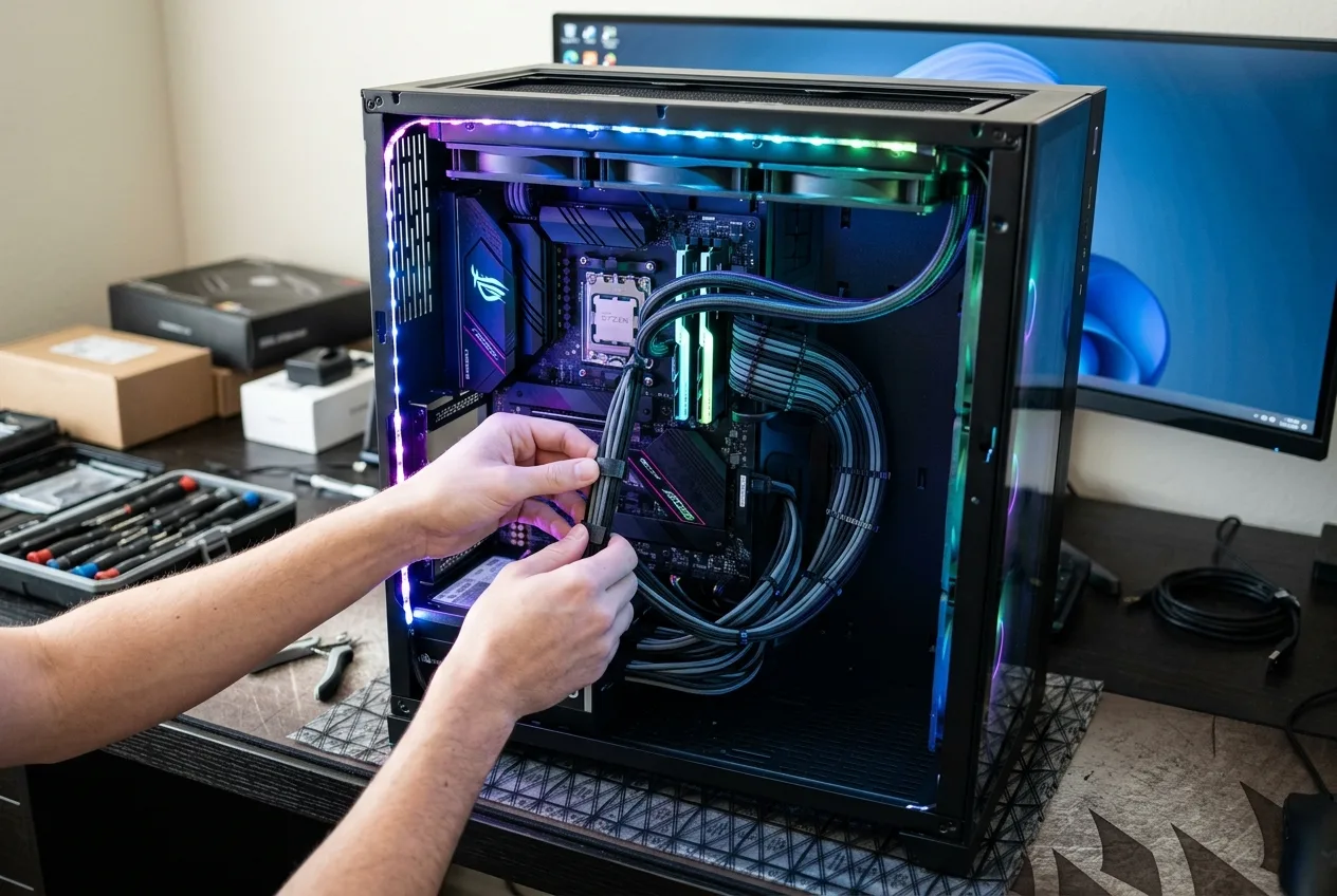 Custom gaming PC build with RGB lighting during a gaming PC setup in Orange County
