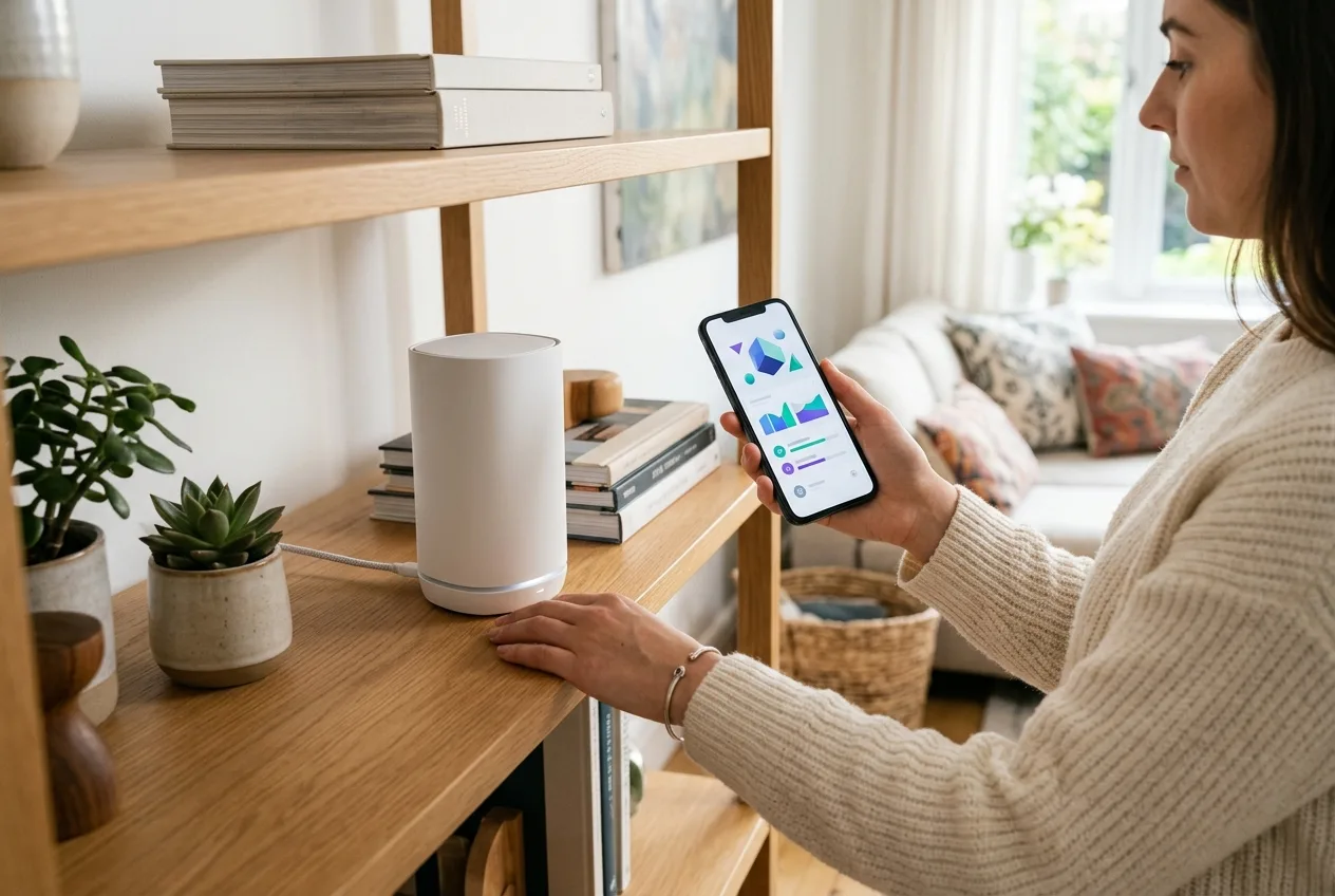 Homeowner setting up a mesh WiFi router as part of a home network setup guide