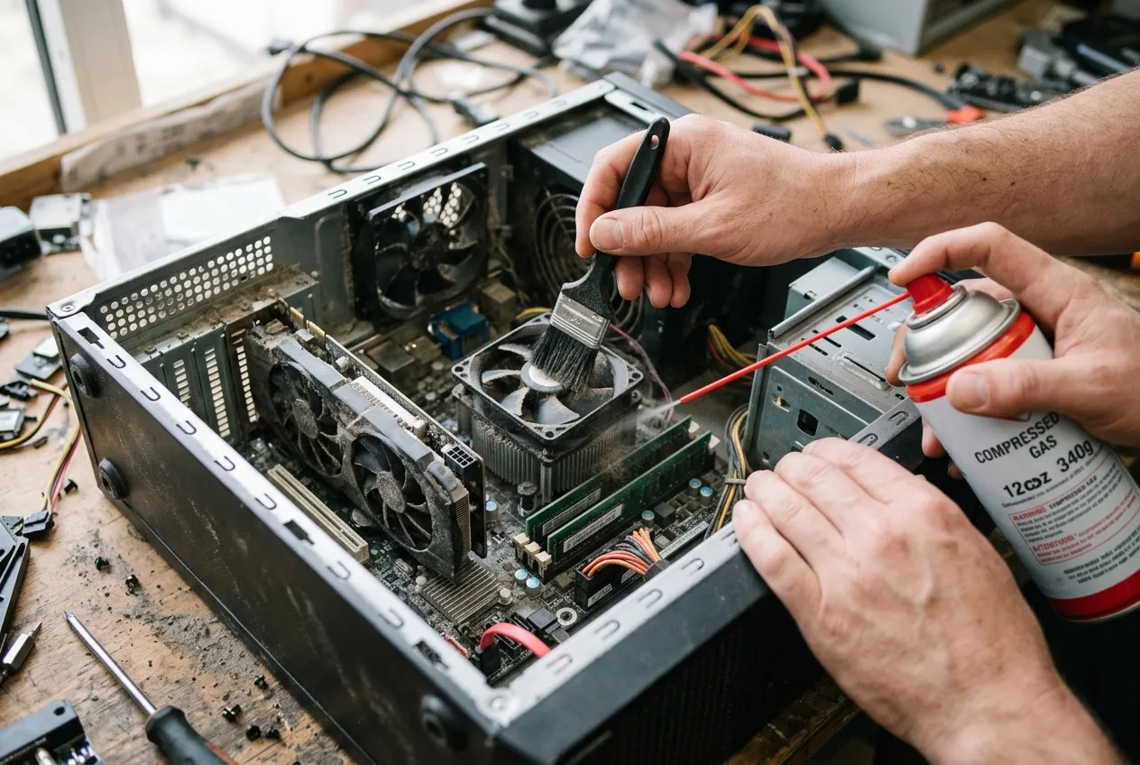Technician cleaning dust from an open desktop computer to speed up a slow computer