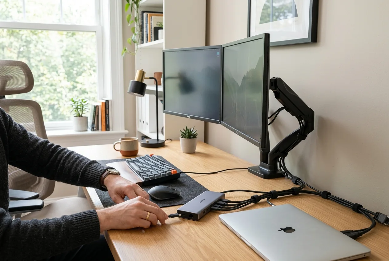 Dual monitor home office desk setup arranged by a computer consultant in Orange County