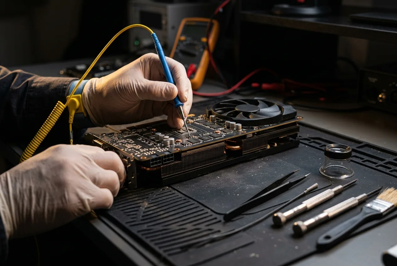 Gaming PC Repair Cost Close-up of a graphics card being inspected during a gaming PC repair