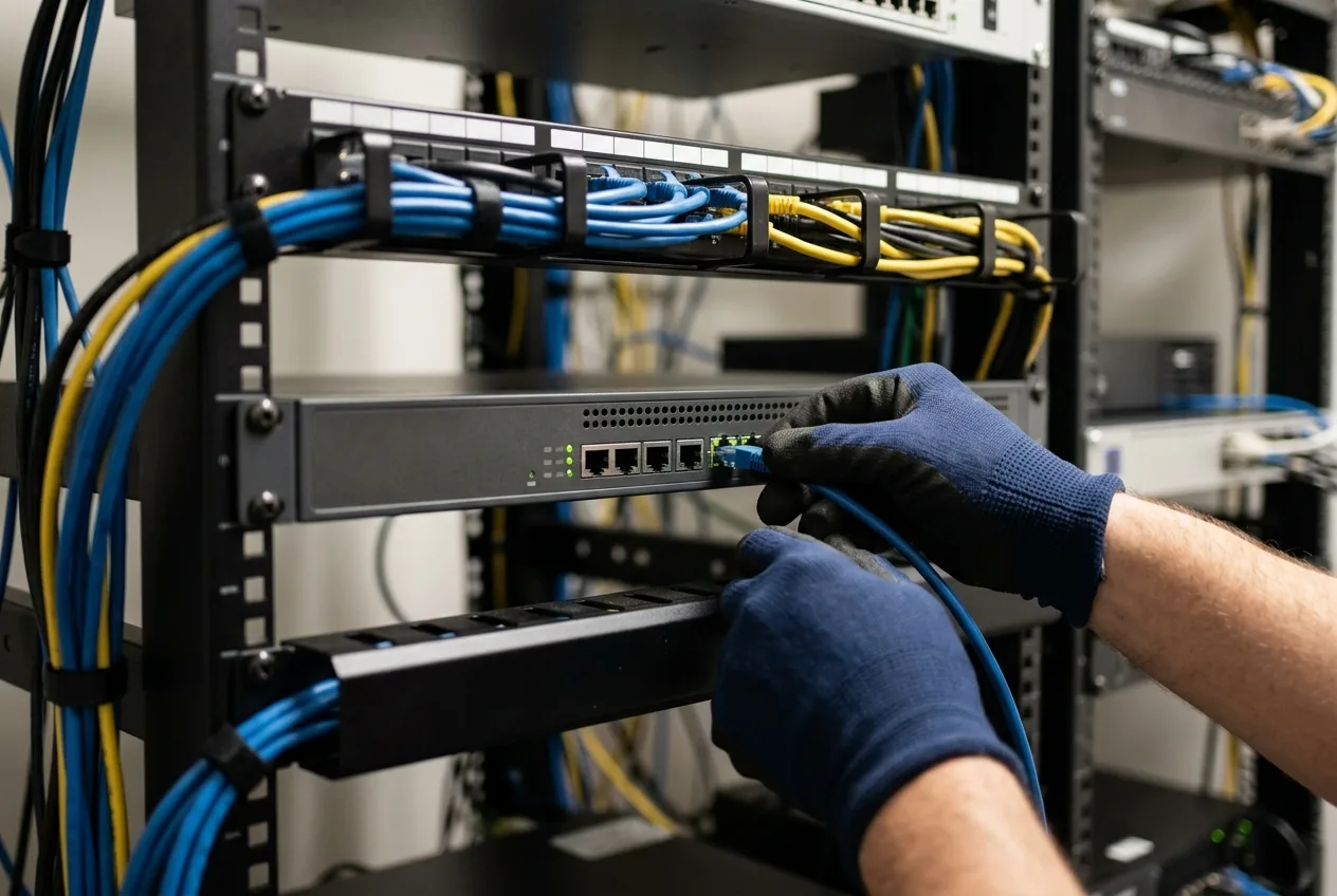 Technician configuring a firewall appliance while setting up a secure office network
