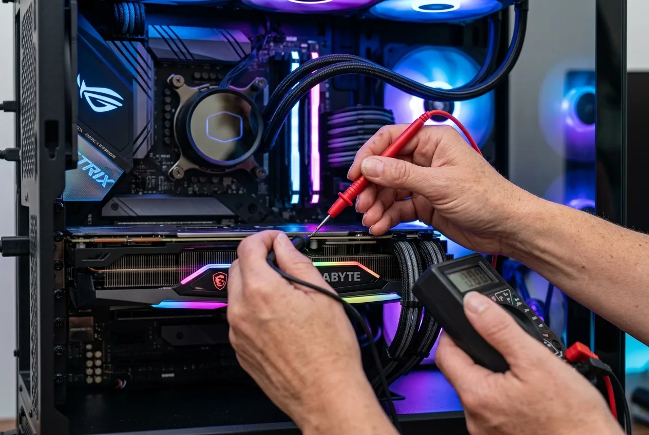 Why a Gaming PC Keeps Crashing Technician diagnosing an open gaming PC with a multimeter to find why it keeps crashing