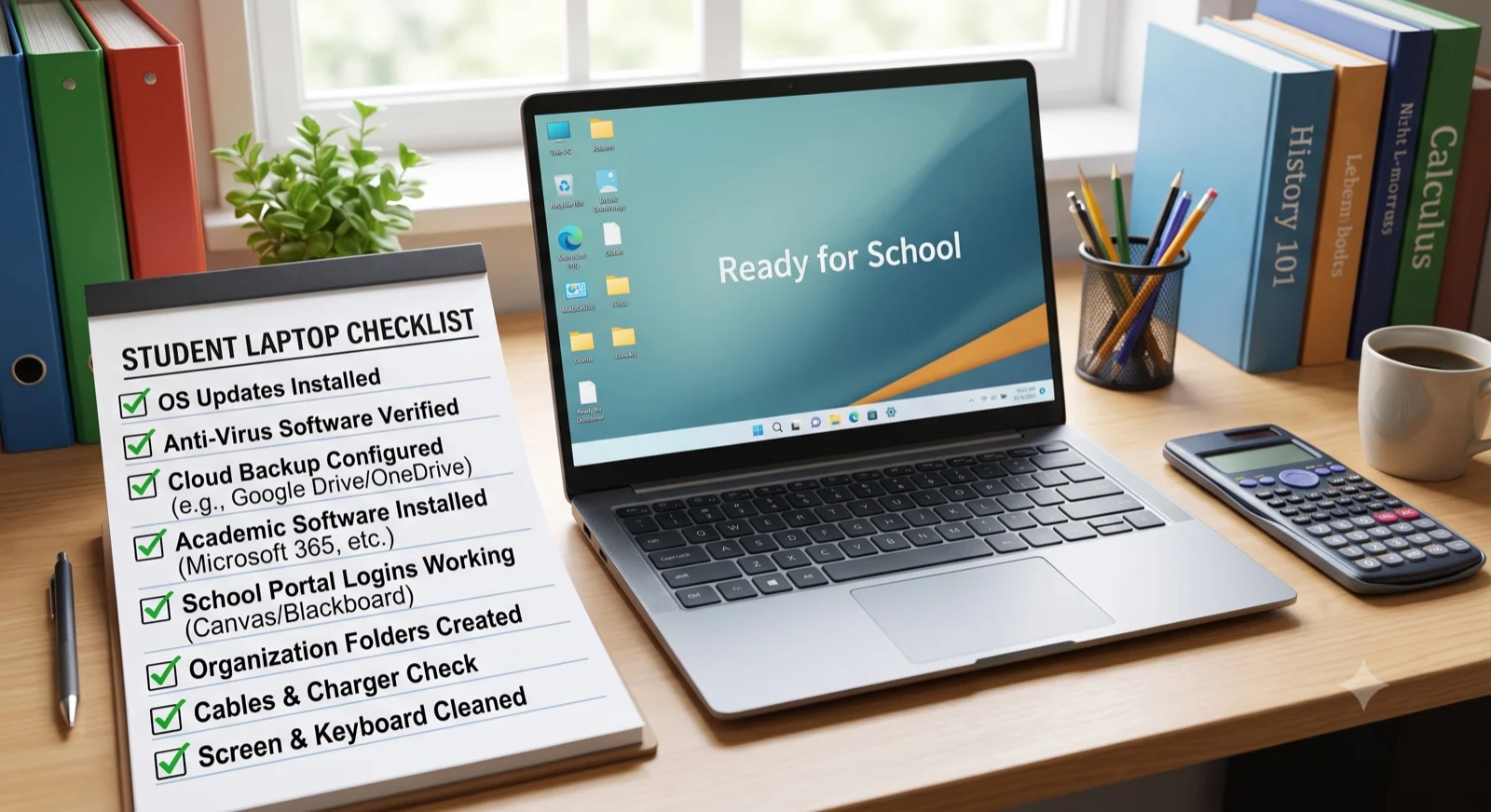 Student laptop checklist for back to school - OS updates, antivirus, cloud backup, and school software ready