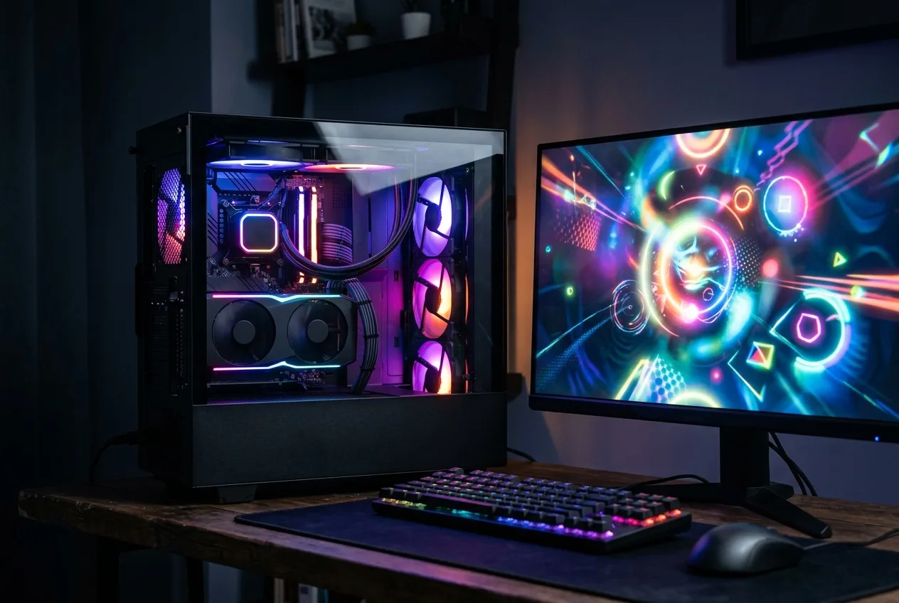 Custom gaming PC with vivid RGB lighting next to a monitor displaying colorful game graphics, representing a gaming rig ready for the next big release