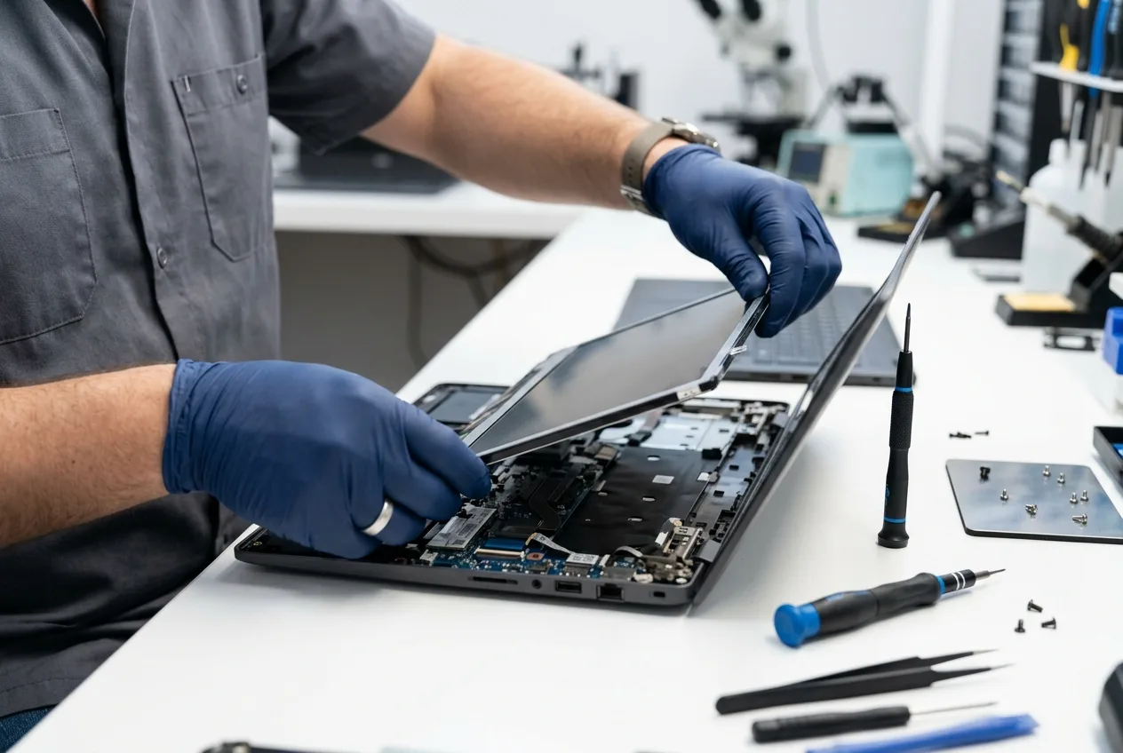 Technician wearing blue gloves removing a laptop screen and bezel during a screen replacement repair, with precision screwdrivers, tweezers, and small screws organized on the workbench